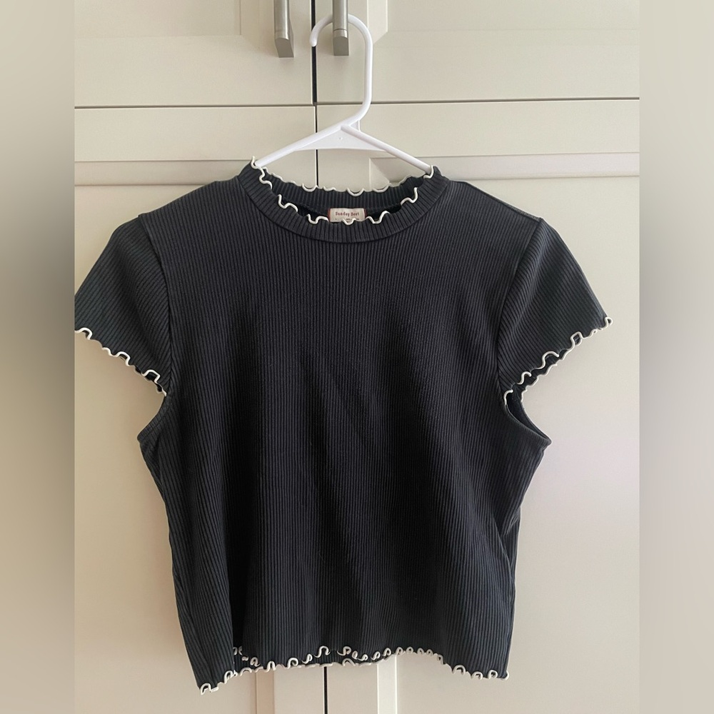 Sunday Best Black Mock Neck Baby Tee with White Trim